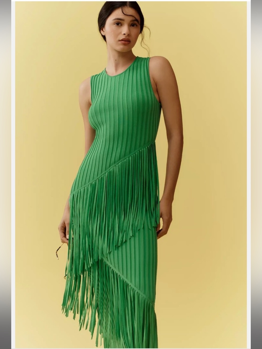 Simon Miller Spiral Knit Asymmetrical Fringe Ribbed Midi Dress Gummy Green